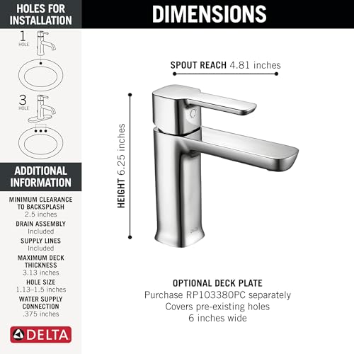 Delta Modern Chrome Bathroom Faucet 1 Hole, Single Hole Bathroom Sink Faucet for Vanity, Push-Pop Drain Assembly, Chrome 581LF-GPM-PP - color: Chrome
