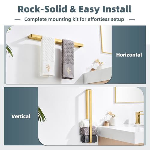 22.8 Inch Bathroom Towel Bar, Brushed Gold, 304 Stainless Steel | Rust-resistant for Bathroom, Shower, Vanity, Kitchen, Moder Square Towel Holder, Hidden Screw Wall Mounted, Heavy Duty Hang - color: Brushed Gold