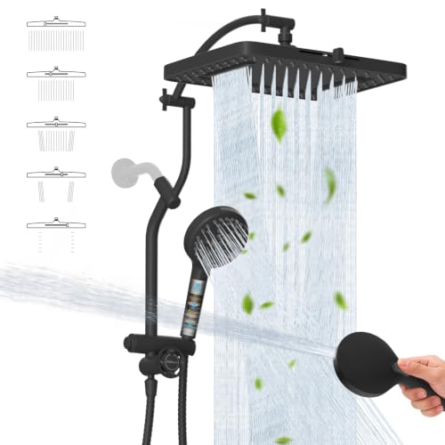 Hibbent 13'' Rain Showerhead Combo, 10 Mode Filtered Handheld Spray, Black | High Pressure 5-Spray Showerhead, 4-way Diverter, Upgraded Heightened All Metal Extension Arm, 71'' Hose & Holder, Easy Reach - color: Matte Black, style: Square 13" with 1 filte