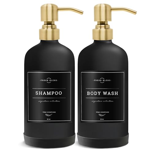 Vine Creations Black Glass Soap Dispenser, 2 Pack Kitchen Soap Dispenser Set with Stainless Steel Pump, 16 oz Dish Soap and Hand Soap Dispensers for Bathroom with Waterproof Labels - color: Matte Black Bottle / Brushed Gold Pump