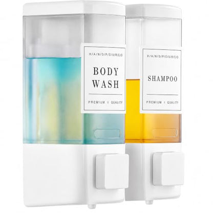 Shampoo and Conditioner Dispenser for Shower, 2 Chamber, White | Clog-Free Pump for Thick Liquids, 16.9oz Large Capacity, No Drill Wall Mounted Compact Design for Small Bathroom - color: Dm25-white