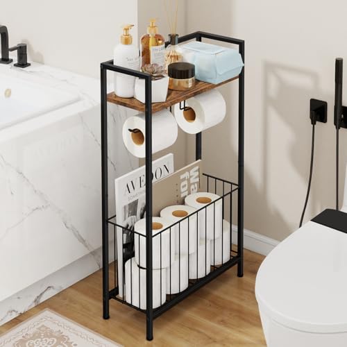 Freestanding Toilet Paper Holder with Storage, Rustic Brown | Toilet Paper Holder Stand with Wooden Shelf for Bathroom Storage, Dual Toilet Paper Roll Stand for Extra Rolls & Magazines