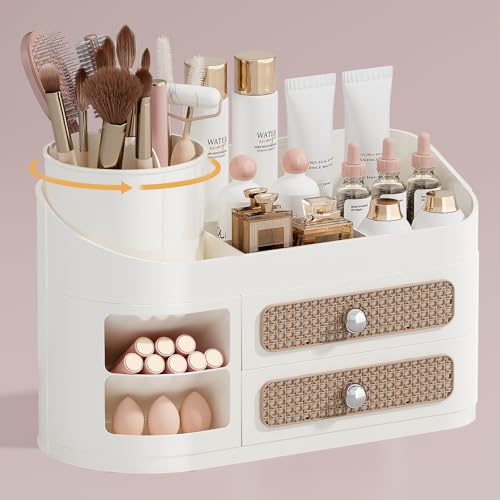 UFORU Makeup Organizer Countertop with Rotating Brush Holder for Vanity | 2 Rattan Drawers, Divided Compartments, Large Capacity, Space-Saving,, Compact Footprint, Ideal for Dorm Rooms - color: Beige