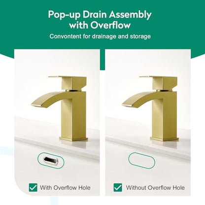 CREA Gold Waterfall Bathroom Faucet Single Hole,Brushed Gold Faucet for Bathroom Vanity Single Handle Bathroom Sink Faucet 1 Hole,Stainless Steel Utility Sink Faucet for RV Bar Lavatory(Pop Up Drain) - color: Brushed Gold, style: Rectangular Spout