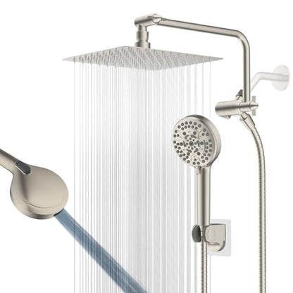 10" Metal Rainfall Shower Head with 10-Mode Handheld, Brushed Nickel | NSF/ANSI/CAN 372 Certified, High Pressure Showerhead Combo with 11" Adjustable Shower Arm, 71" Hose, Shower Head Holder - color: Brushed Nickel, style: Square 10"