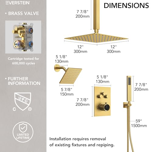 Ceiling Mount 12" High-Pressure Rainfall Shower Faucet, Dual Rainfall Shower Head System with Valve (Brushed Gold) - color: Gold, style: Ceiling Mount