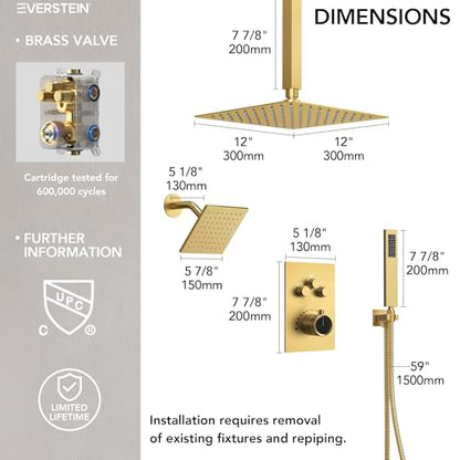 Ceiling Mount 12" High-Pressure Rainfall Shower Faucet, Dual Rainfall Shower Head System with Valve (Brushed Gold) - color: Gold, style: Ceiling Mount
