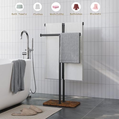 Wooden Standing Towel Racks,Bath Drying Bathroom Rack,Hand Towels Holder Steady Design for Kitchen Floor Tub Shower, 37.4" Tall, 2-Tier