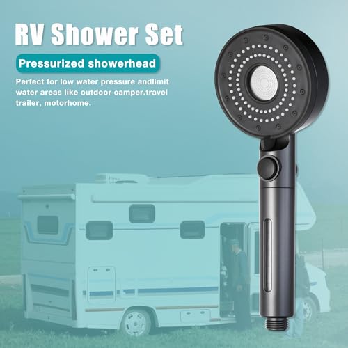 Handheld Filter RV Shower Head with Stainless Steel Shower Hose | ON OFF Switch,5 Mode High Pressure Spray,for RV,Camper,Bathroom,with No Drilling Wall Mount Adhesive Shower Holder