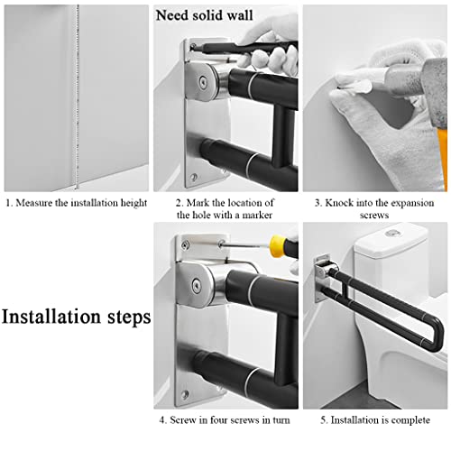 U-Shaped Polished Foldable Toilet Grab Bar,Matte Black Flip-Up Bathroom Handrail for Elderly Handicap Pregnant,Wall Mounted Barrier-Free Folding Shower Assist Aid (Black 60cm) - color: Black