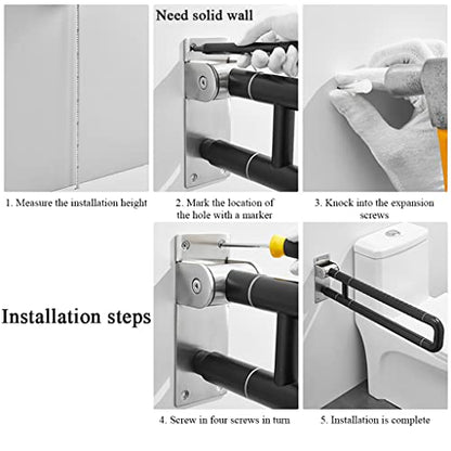 U-Shaped Polished Foldable Toilet Grab Bar,Matte Black Flip-Up Bathroom Handrail for Elderly Handicap Pregnant,Wall Mounted Barrier-Free Folding Shower Assist Aid (Black 60cm) - color: Black