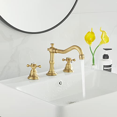2 Handles 3 Holes Faucet Widespread Bathroom Sink Faucet Antique Brass Basin Tap Mixer Supply Hose Included Matching Metal Pop Up Drain - color: Antique Brass, style: Ceramic Cover