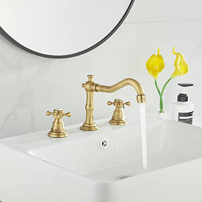 2 Handles 3 Holes Faucet Widespread Bathroom Sink Faucet Antique Brass Basin Tap Mixer Supply Hose Included Matching Metal Pop Up Drain - color: Antique Brass, style: Ceramic Cover