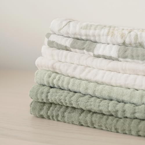 Konssy Baby Muslin Washcloths 7-Pack, 100% Cotton Baby Bath Washcloths, Soft & Absorbent Wash Cloths and Burp Cloths for Newborn Kids Girls & Boys, 11x11 inches - color: Leaf