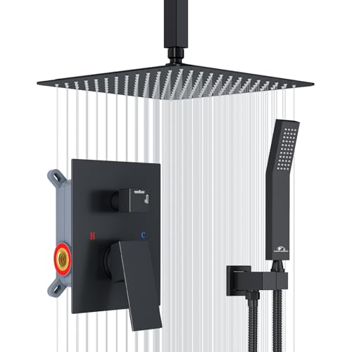 SunCleanse Rainfall Shower Faucet Set with High Pressure in Matte Black | Ceiling mounted shower combo set featuring a 12" rainfall shower head, handheld spray, and rough-in shower valve. - color: Matte Black, style: 12-ceiling