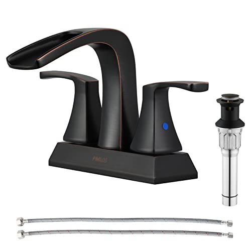 Waterfall Bathroom Sink Faucet 2 Handle Centerset, Oil Rubbed Bronze | 4 Inch Lead-Free Deck Mount Vanity Faucet with Pop Up Drain Supply Lines, for 3 Hole Lavatory Utility Sink - color: Oil Rubbed Bronze