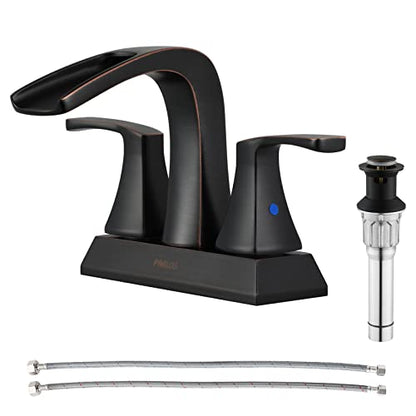 Waterfall Bathroom Sink Faucet 2 Handle Centerset, Oil Rubbed Bronze | 4 Inch Lead-Free Deck Mount Vanity Faucet with Pop Up Drain Supply Lines, for 3 Hole Lavatory Utility Sink - color: Oil Rubbed Bronze