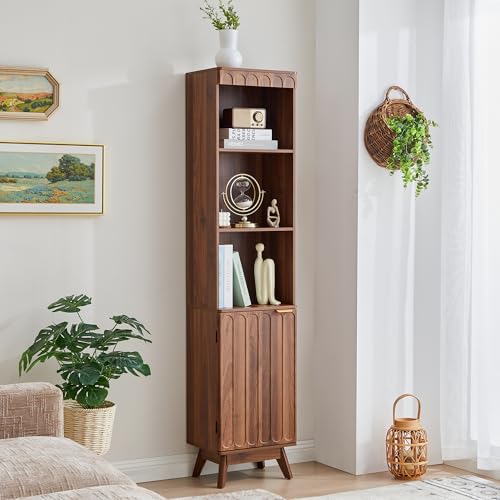 Tall Narrow Bookshelf with Door, Mid Century Modern Bookcase, 71" Slim Storage Cabinet with Adjustable Shelves, Modern Open Display Storage Organizer for Living Room Bathroom Office, Walnut - color: Walnut-door, size: 11.8"D x 15.75"W x 71"H