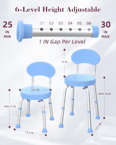 Swivel Shower Chair with Back, 360° Height Adjustable Shower Stool, Compact Space-Saving Design for Small Showers, Non-Slip Bathroom Chair for Seniors & Elderly (Blue) - color: Blue