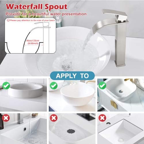 Midanya Waterfall Tall Bathroom Vessel Sink Faucet,Brushed Nickel | with 24” cUPC Water Hoses,Pop Up Drain without Overflow,for 1 hole Vanity,RV,Lavatory,Bowl,Farmhouse,SUS304,Single Handle - color: Nickel