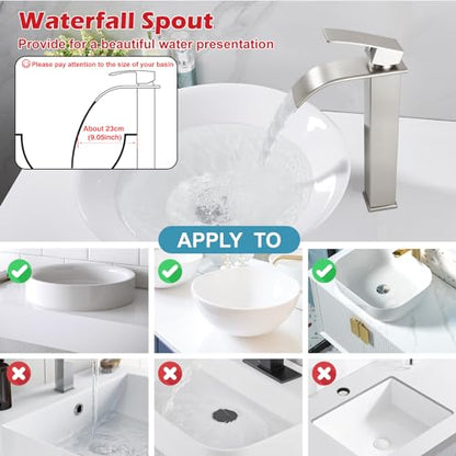Midanya Waterfall Tall Bathroom Vessel Sink Faucet,Brushed Nickel | with 24” cUPC Water Hoses,Pop Up Drain without Overflow,for 1 hole Vanity,RV,Lavatory,Bowl,Farmhouse,SUS304,Single Handle - color: Nickel