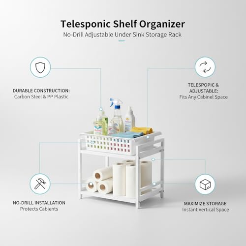 Adjustable Telescopic Cabinet Shelf, Tool-Free Under Sink Organizer Rack, Carbon Steel and PP Plastic Storage Solution for Kitchen and Bathroom - size: 9.84 x 7.87 x 3.35 in