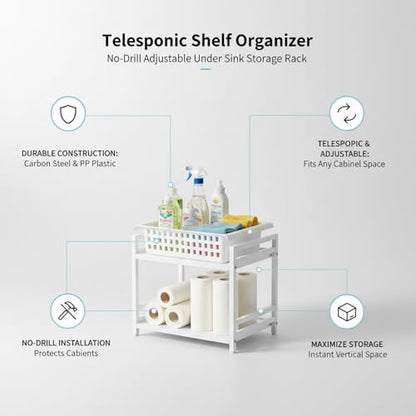 Adjustable Telescopic Cabinet Shelf, Tool-Free Under Sink Organizer Rack, Carbon Steel and PP Plastic Storage Solution for Kitchen and Bathroom - size: 9.84 x 7.87 x 3.35 in