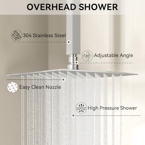 Shower Faucets Sets Brushed Nickel Shower System,12" Ceiling Rainfall Shower and 6" Wall Mount with 2 in 1 Handhled, Can Use All at Once, Thermostatic Shower Set with Valve and Trim Kit - color: Brushed Nickel, size: 6+12 inch-11