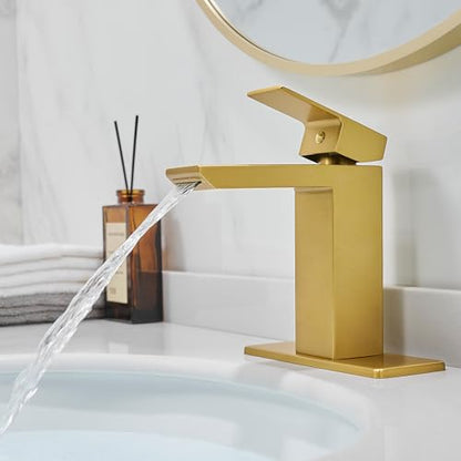RUMOSE Bathroom Faucets 1 & 3 Hole Vanity Faucet with Drain Brushed Gold | Single Handle Bathroom Sink Faucet Set Waterfall Spout Kit with Deck Plate Rv Lavatory Basin Faucet, Stainless Steel - color: Brushed Gold