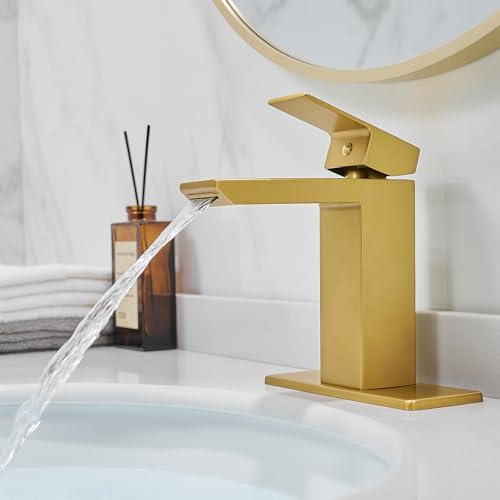 RUMOSE Bathroom Faucets 1 & 3 Hole Vanity Faucet with Drain Brushed Gold | Single Handle Bathroom Sink Faucet Set Waterfall Spout Kit with Deck Plate Rv Lavatory Basin Faucet, Stainless Steel - color: Brushed Gold