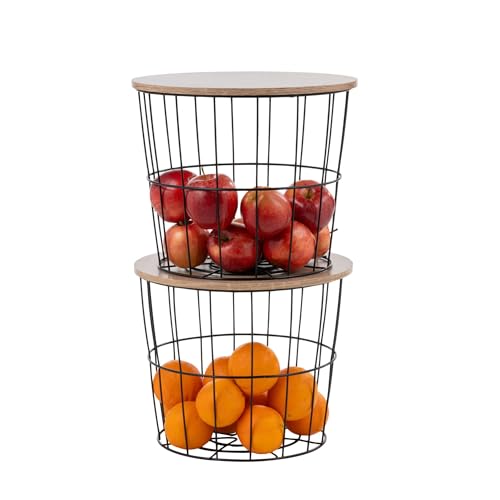 IRIS USA Round Wire Basket with Wooden Lid, 2 Pack | Living Room Bathroom Kitchen Storage, Water Resistant Surface - style: Round- 2 Pack