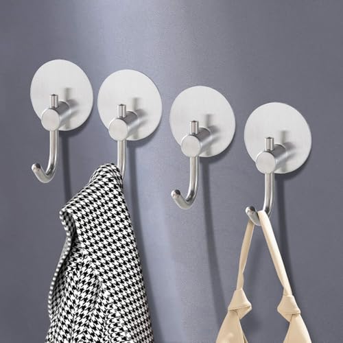 Adhesive Hooks - 4 Pack Towel Robe Coat Hooks Wall Hooks Stick Hooks Utensil Hooks Holder for Hoom Bathroom or Kitchen (Matte Silver, Stainless Steel)