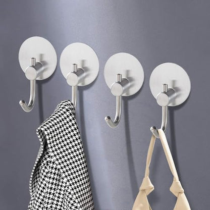 Adhesive Hooks - 4 Pack Towel Robe Coat Hooks Wall Hooks Stick Hooks Utensil Hooks Holder for Hoom Bathroom or Kitchen (Matte Silver, Stainless Steel)
