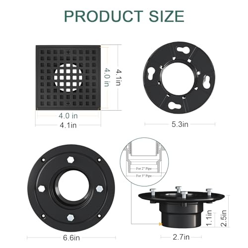4 Inch Square Shower Floor Drain with Flange and Hair Strainer | SUS304 Stainless Steel, Anti-Clog, Matte Black Shower Drain with Hair Catcher, Removable Grid Drain Cover, For Bathroom - color: Matte Black