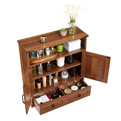 Bathroom Cabinet with Double Barn Doors – Wall Mounted Medicine Cabinet over Toilet with Adjustable Shelf & Drawer, 25" Wide Hangging Storage Cabinet for Bathroom, Kitchen, Laundry, Entryway Brown - color: Brown