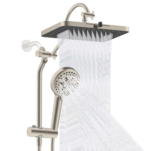 Hibbent cUPC Certified Upgraded 13'' Shower Head Combo, High Pressure 5 Spray Rainfall Showerhead with 10 Sprays Handheld, All Metal 3-way Diverter Shower Arm, 71'' Hose and Holder, Brushed Nickel - color: Brushed Nickel, style: Square 13"