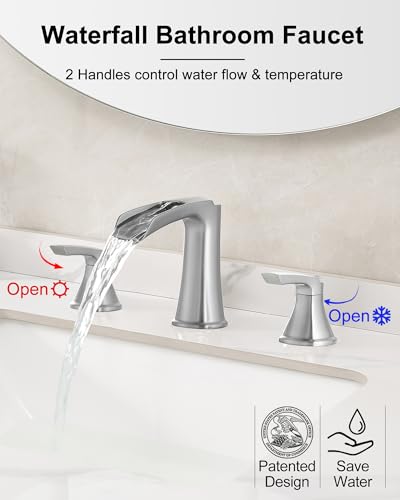 Brushed Nickel Bathroom Faucets, Brass Widespread Waterfall Faucet for Bathroom Sink, 3 Hole Bathroom Sink Faucet, 8 Inch 2 Handle Bathroom Vanity Faucets with Pop-up Drain for Lavatory RV - color: Brushed Nickel