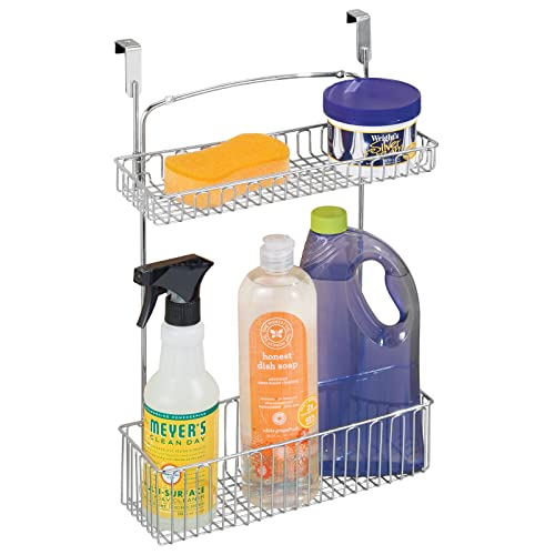 mDesign Over Cabinet Kitchen Storage Unit - Practical Organiser with Stainless Steel Storage Baskets - Hanging Cupboard Organiser for Cleaning Supplies and Cookware - Chrome