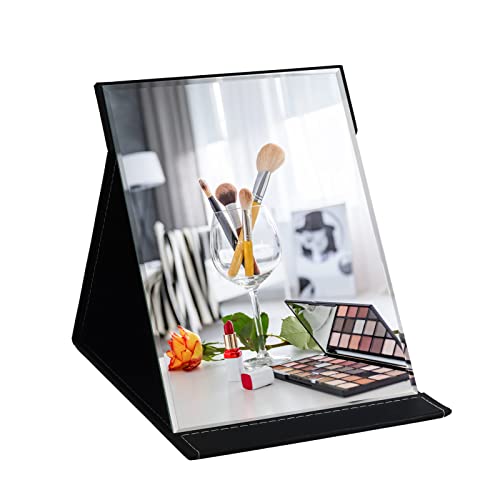 ZBEIVAN 12x9 Inches Extra Large Portable Folding Makeup Mirror, Frameless PU Leather Vanity Mirror with Stand for Desk Table Camping Travel Personal, Black - color: Black