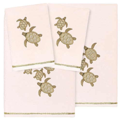 Jewel 4-Piece Premium Towel Set, Embroidered Turtles, Plush Turkish Cotton, Durable & Quick Dry, Elegant Beach Style, 2 Bath 2 Hand Towels, Blush - color: Blush, size: 2 Pcs Bath 2 Pcs Hand Towel