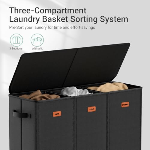 185L Laundry Hamper 3 Section with Lid, Black Dirty Clothes Hamper with 3 Removable Laundry Bags, Large Laundry Basket for Bedroom, Laundry Room, Dorm - color: Black