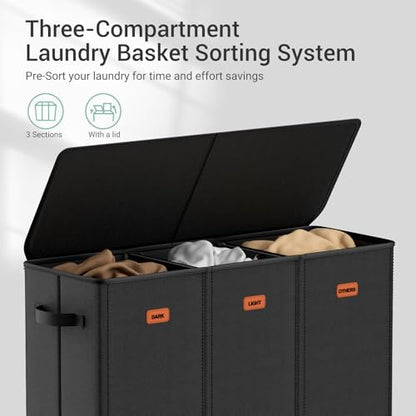 185L Laundry Hamper 3 Section with Lid, Black Dirty Clothes Hamper with 3 Removable Laundry Bags, Large Laundry Basket for Bedroom, Laundry Room, Dorm - color: Black