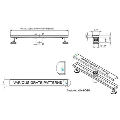 24 Inch Tile Insert Linear Shower Drain with Leveling Feet and Rubber Gasket 2" Outlet Plastic ABS Flange and Hair Strainer - Removable Brushed SS304 Grate - Fit 2" or 3" Pipe