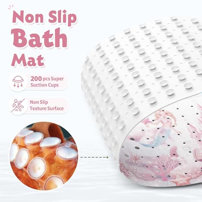 Baby Bath Mat for Tub Non Slip Kids, BPA Free Extra Long Bathtub Mat 40x16 with Drain Holes and 200 Suction Cups, Non Toxic Machine Washable Toddler Bath Mat, Eco-Friendly Certified - color: V-mermaid