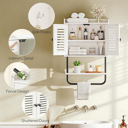 HOOBRO Medicine Cabinet, Double Doors Bathroom Wall Cabinet with Towel Bar, Adjustable Shelf, 2 Hooks, Over The Toilet Storage Cabinet, for Bedroom, Kitchen, White BW46CW01 - color: White + Black