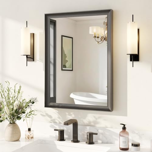USHOWER Black Bathroom Mirrors for Over Sink 22x30 Inch, Aluminum Framed Rectangle Vanity Mirror for Wall, Bedroom, Living Room, Entryway, Farmhouse, Anti-Rust, HD Tempered Glass, Horizontal/Vertical - color: Black, size: 30"L x 22"W