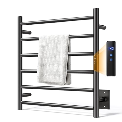 Towel Warmer Rack, Heated Towel Racks for Bathroom, Wall Mounted Towel Warmer, Stainless Steel 6-Bars Drying Rack with Intelligent Touch Screen Timer, Matte Black