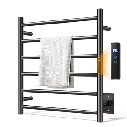 Towel Warmer Rack, Heated Towel Racks for Bathroom, Wall Mounted Towel Warmer, Stainless Steel 6-Bars Drying Rack with Intelligent Touch Screen Timer, Matte Black