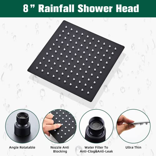 Shower Head Matte Black, Shower Faucet Set Bathroom Shower System with 8 inch Square Rain Shower Head Wall Mounted with 3-Setting Handheld Spray, Rainfall Shower Combo Set - color: Matte Black, style: 8 Inch With 3-Setting