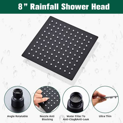 Shower Head Matte Black, Shower Faucet Set Bathroom Shower System with 8 inch Square Rain Shower Head Wall Mounted with 3-Setting Handheld Spray, Rainfall Shower Combo Set - color: Matte Black, style: 8 Inch With 3-Setting
